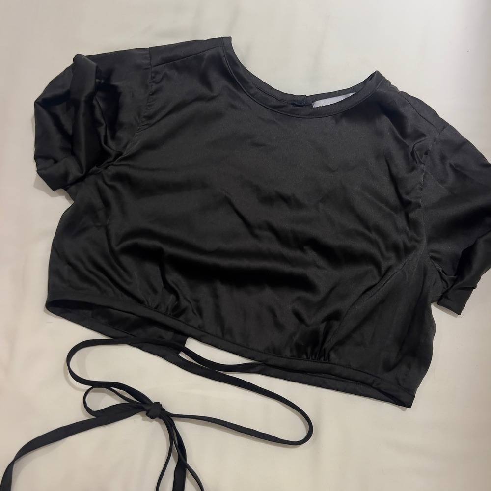 Vagabond Black Satin Open Back Tie Waist Crop Top Small